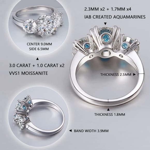 Platinum 3 cttw Certified Diamond Moissanite Aquamarine Engagement Ring - Picture 11 of 12